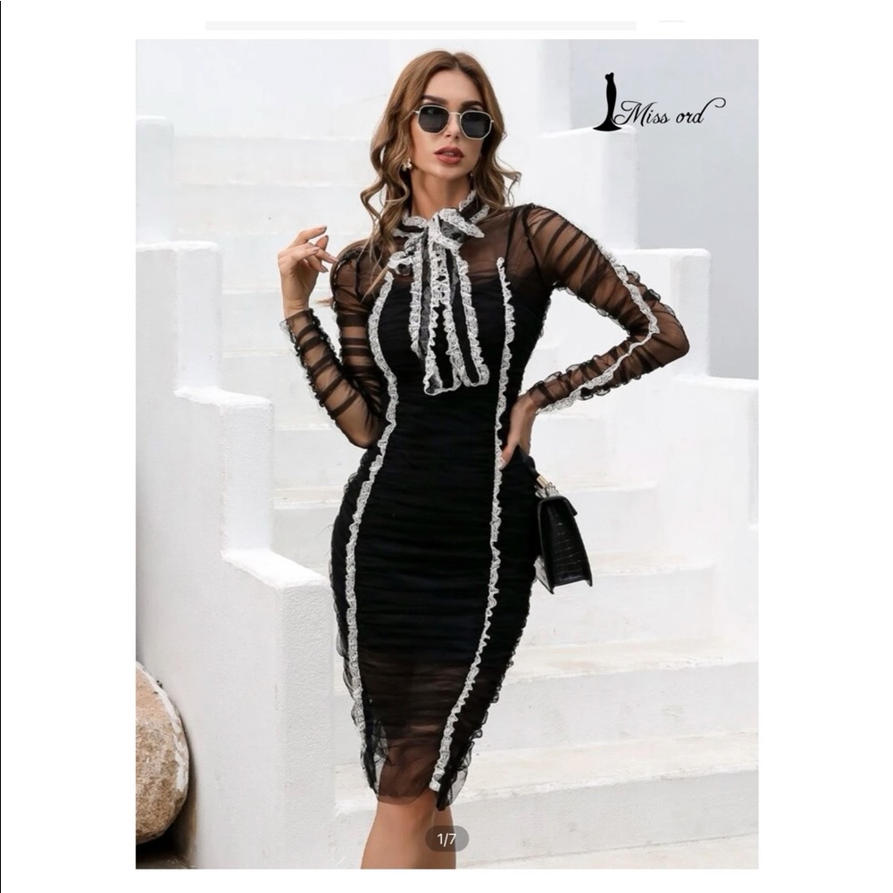 Tie Neck Lace Lettuce Trim Ruched Mesh Bodycon Dress